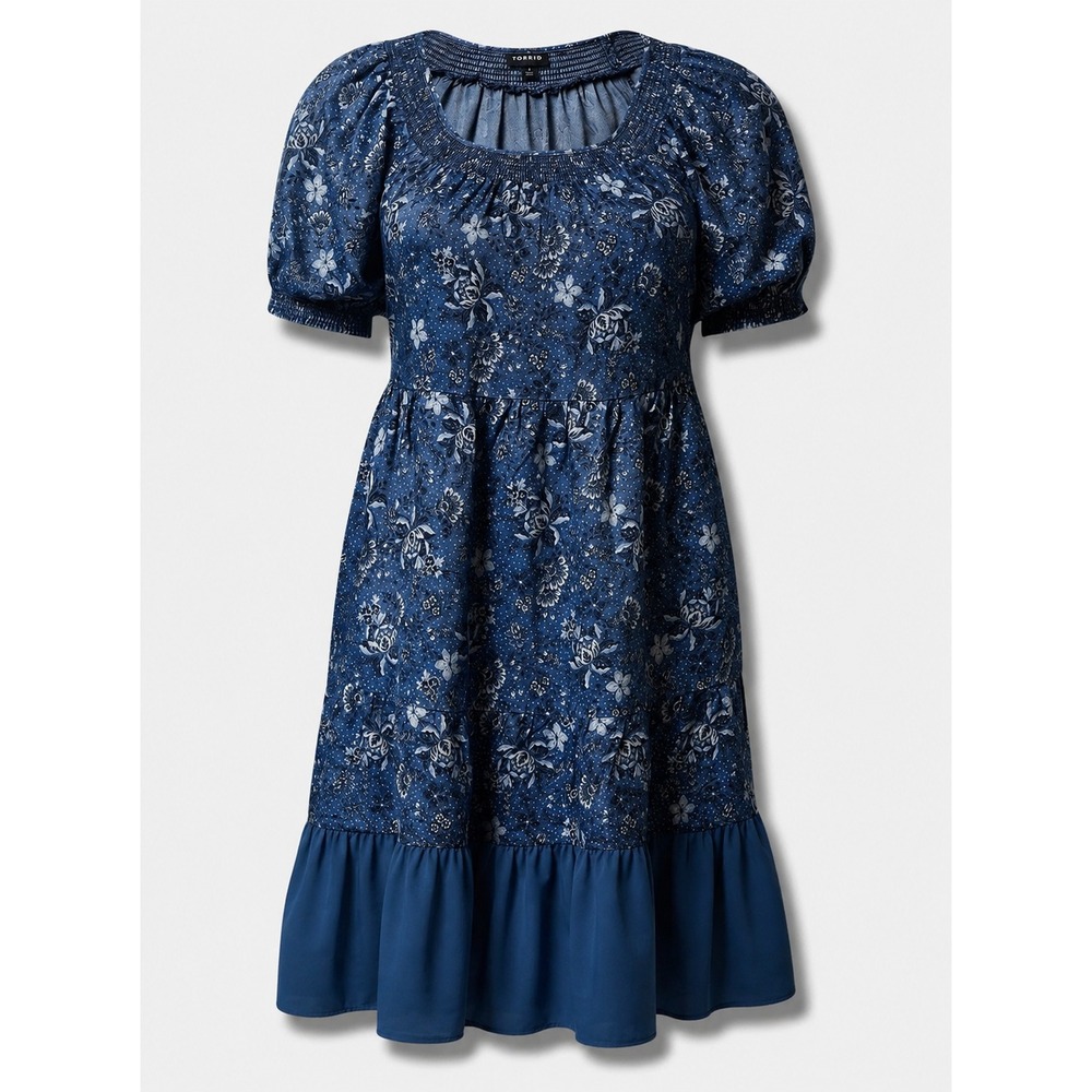Torrid Chambray Puff Sleeve Smocked Midi Dress 4X Blue Floral Cottage Prairie